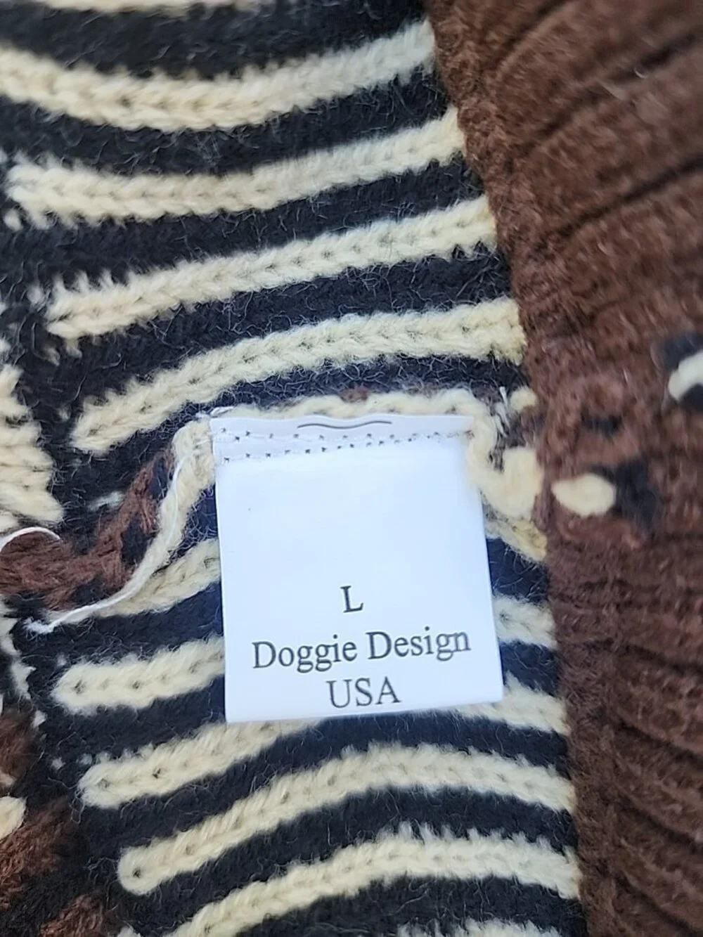Doggie Design Whimzy Sleeping Dog Dream Bone Brown & Cream Knit Dog Sweater Sz L